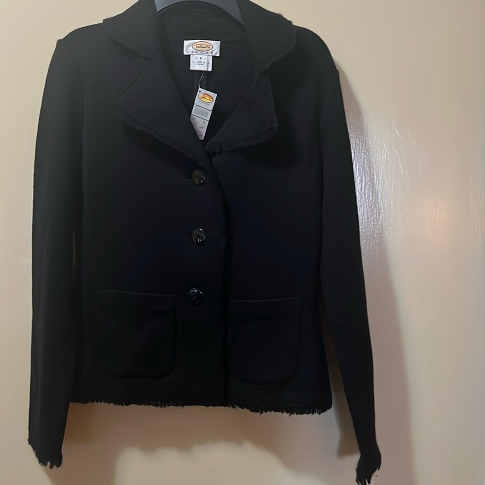 NWT Talbots Black Wool Cardigan Sweater. Size P. 3 Button Front with 2 pockets.